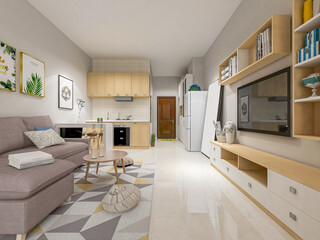  spacious living room design of modern residence, with sofa, tea table, decorative painting, etc