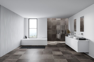 White bathroom interior with tub, shower and sink
