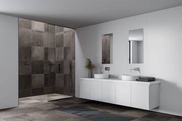 Fototapeta na wymiar White bathroom corner with double sink and shower