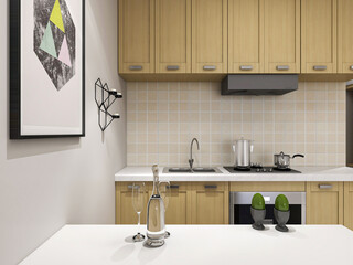 Modern family kitchen design, new cabinets and kitchenware with refrigerators, sunlight from the window