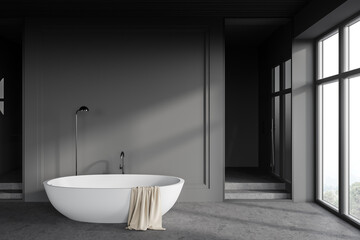 Fototapeta na wymiar Gray loft bathroom interior with bathtub and shower