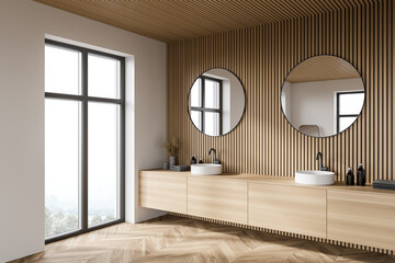 Wooden bathroom corner with double sink