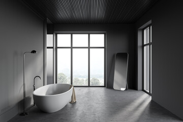 Fototapeta na wymiar Gray loft bathroom interior with tub and shower