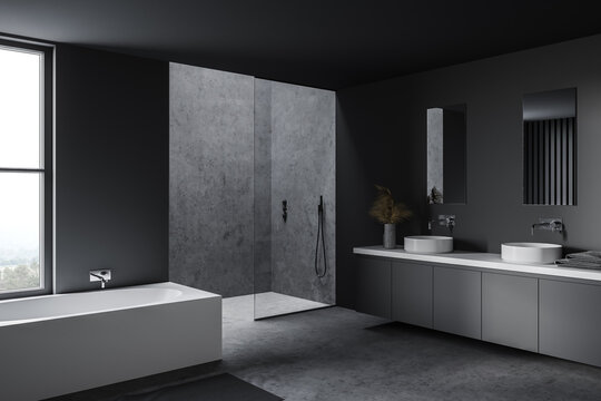 Gray Bathroom Corner With Tub, Shower And Sink