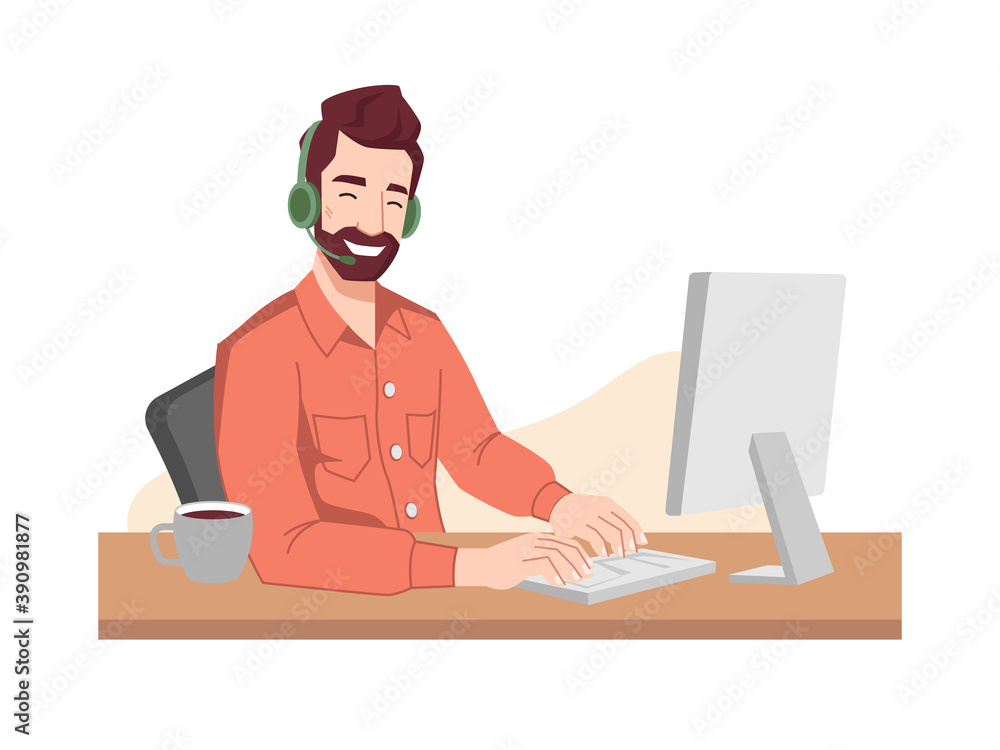 Poster Guy operator smiles in headphones and microphone typing on keyboard. Vector online call center worker, customer service support center. Programmer, interpreter, psychologist communicating via computer