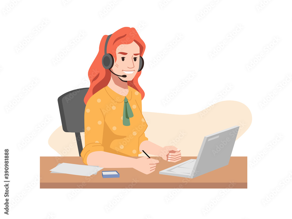 Poster redhead operator in headphones, call center worker sitting at table with computer. vector woman in h