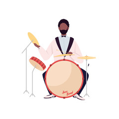 African drummer flat color vector faceless character. Jazz band musician. Acoustic music performance. Man play on drum set isolated cartoon illustration for web graphic design and animation
