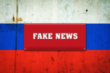Fake news. The inscription on a red plate on the background of the flag Of Russia. Information