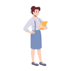 Woman wearing formal suit holding documents in hands. Isolated businesslady or teacher, entrepreneur or boss. Manager or secretary with work tasks report. Cartoon character, vector in flat style