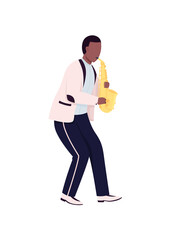 African saxophonist flat color vector faceless character. Man play classical musical instrument. Sax player. Jazz music performance isolated cartoon illustration for web graphic design and animation