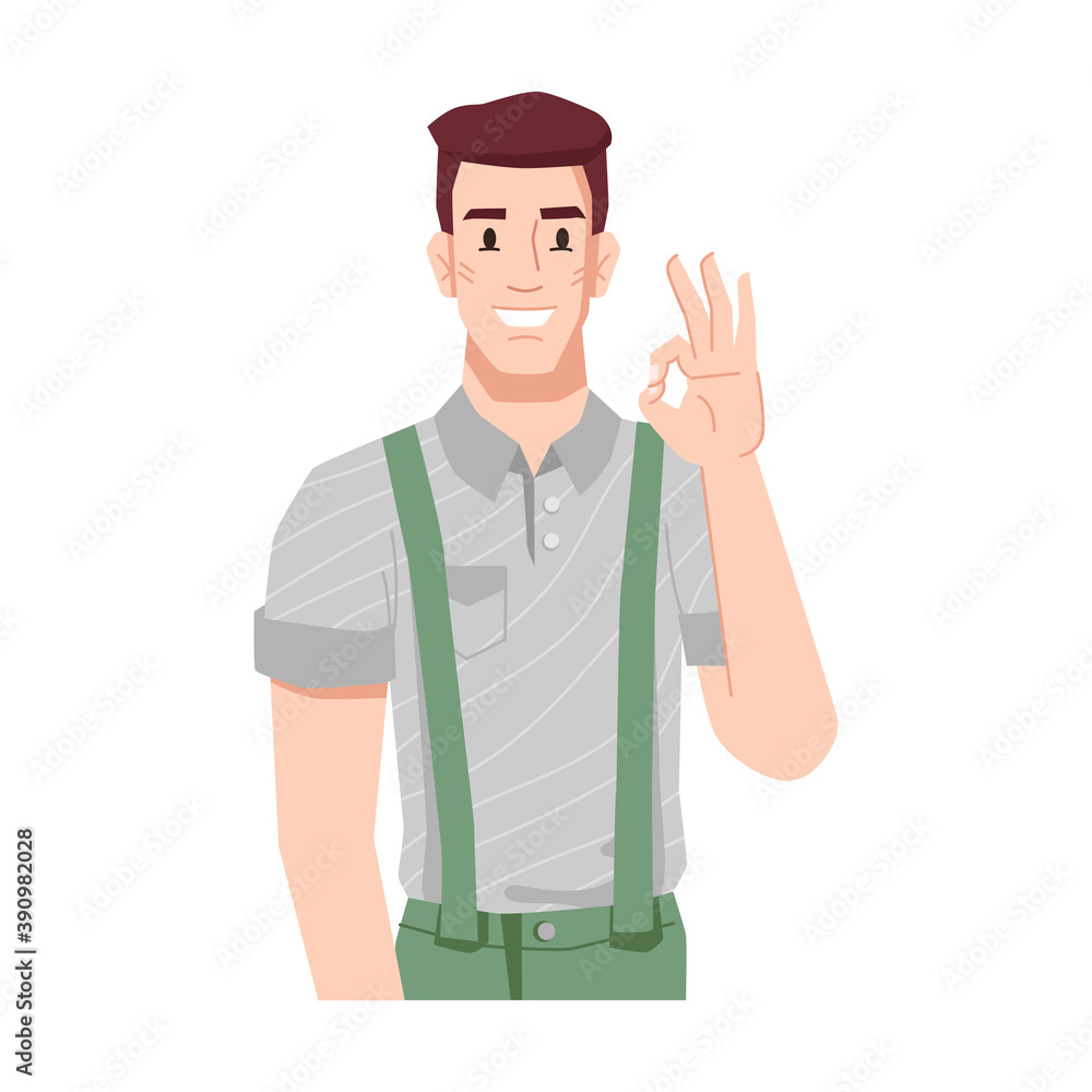 Poster man showing sigh of approval and enthusiasm. personage gesturing, ok gesture. businessman or manager