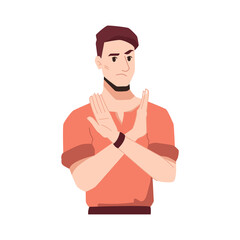 Unhappy or angry brunette woman showing crossed hands sign. Gesture meaning to stop, that s enough symbol. Refusal or denial, negative thoughts expression. Cartoon character, vector in flat style