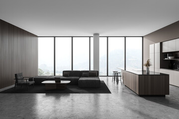 Fototapeta na wymiar Light gray kitchen interior with bar and sofa