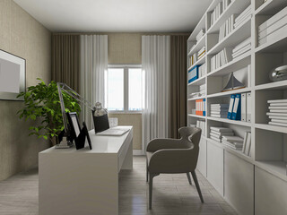 3D rendering. There are wardrobes, cupboards, mirrors and green plants in the study of the family house