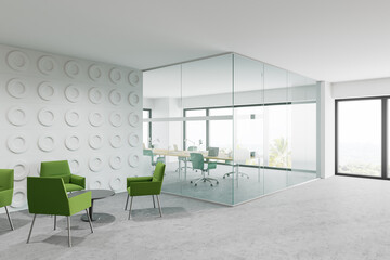 Fototapeta premium White office waiting room corner with green armchairs
