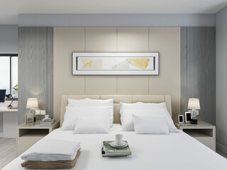  elegant and spacious bedroom design of modern apartment, overcoat cabinet beside the big bed, with dressing table and green plants