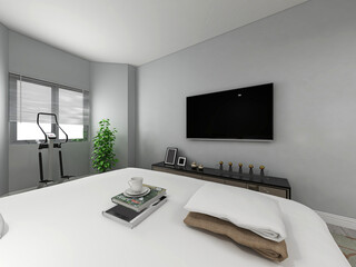  elegant and spacious bedroom design of modern apartment, overcoat cabinet beside the big bed, with dressing table and green plants