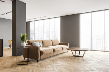 Fototapeta na wymiar Brown living room with brown sofa in open space, new furniture in apartment