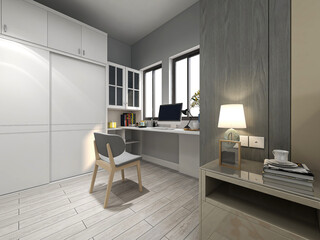 spacious modern residential study design, with laptop, desk, bookshelf and piano.