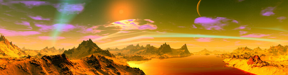 Naklejka na ściany i meble Alien Planet. Mountain and lake. Panorama. 3D rendering