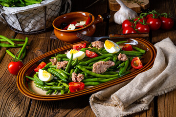 Rustic green bean salad with egg and tuna