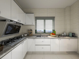 Modern family kitchen design, new cabinets and kitchenware with refrigerators, sunlight from the window