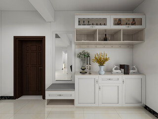 Modern family kitchen design, new cabinets and kitchenware with refrigerators, sunlight from the window