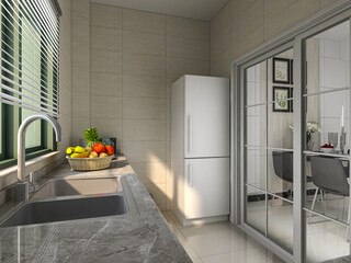 Modern family kitchen design, new cabinets and kitchenware with refrigerators, sunlight from the window