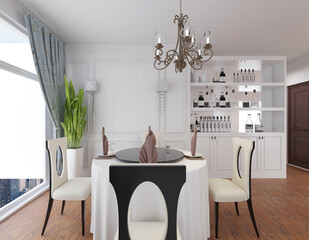 spacious dining room design next to the modern kitchen, with a beautiful dining table and greenery