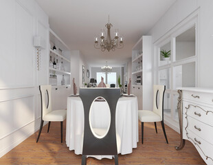 spacious dining room design next to the modern kitchen, with a beautiful dining table and greenery