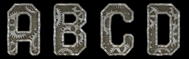 Mechanical alphabet made from rivet metal with gears on black background. Set of letters A, B, C, D. 3D