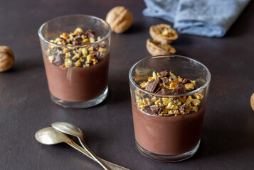 Chocolate nut pudding. Breakfast. Vegetarian food. Dessert.