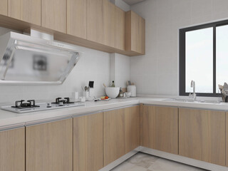 Modern family kitchen design, new cabinets and kitchenware with refrigerators, sunlight from the window