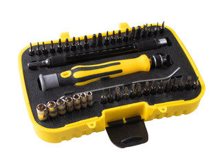 Tool kit. A set of tools in a yellow box for work with small parts. Isolated on white background. Close-up. Screwdrivers, wrenches, tweezers, etc.