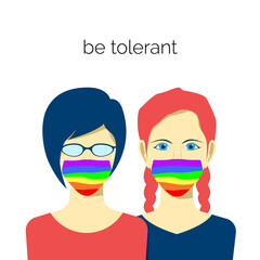 Young female character avatar in protection face mask. lgbt pride colors. Tolerance concept. Vector