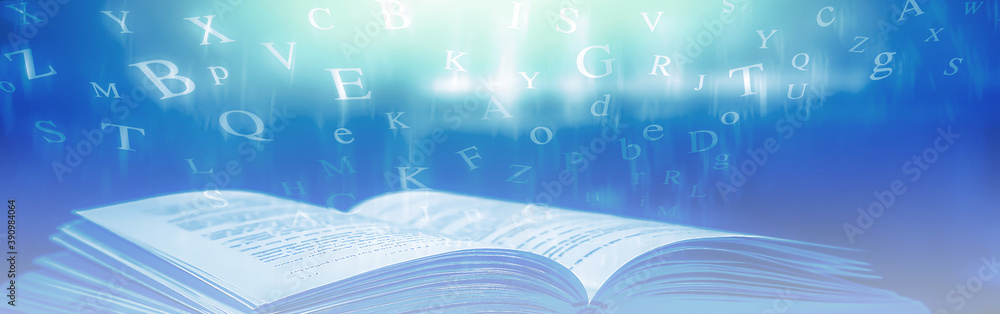 Poster imagine a picture book of an ancient book opened on a wooden table with a sparkling golden backgroun