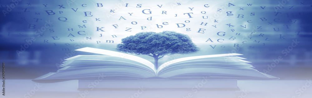 Poster imagine a picture book of an ancient book opened on a wooden table with a sparkling golden backgroun