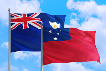 Samoa and Anguilla national flag waving in the windy deep blue sky. Diplomacy and international relations concept.