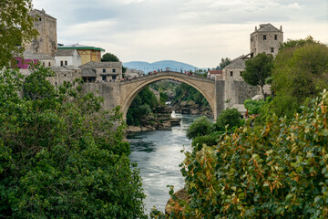 Fototapeta premium Old town of Mostar, Bosnia and Herzegovina, with Stari Most bridge, Neretva river and old mosques
