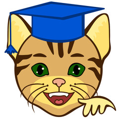 emoji with happy graduate student, smiling cat wearing a graduation hat, funny cartoon character with simplistic facial expression, simple hand drawn emoticon, vector illustration