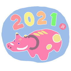 年賀状イラスト　2021丑年　切り絵風の赤べこ1