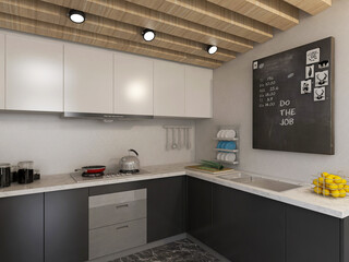 Modern family kitchen design, new cabinets and kitchenware with refrigerators, sunlight from the window.