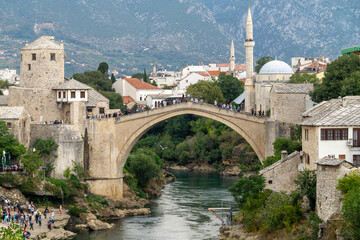 Old town of Mostar, Bosnia and Herzegovina, with Stari Most bridge, Neretva river and old mosques