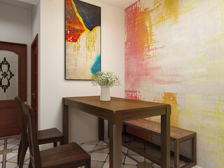 spacious dining room design next to the modern kitchen, with a beautiful dining table and greenery