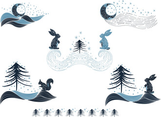Winter wonderland clipart. Blue set of winter pre-made design with squirrel, hare, snow, tree, star, moon for decoration. Vector clipart, winter composition for greeting card, stationery, poster