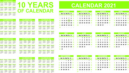2021-2030 ten years of calendar simple green second edition