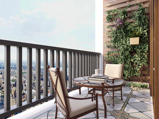 （3D rendering,The design of the outdoor balcony of the urban residence is equipped with flowers, leisure tables, chairs and other decorations.