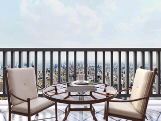 （3D rendering,The design of the outdoor balcony of the urban residence is equipped with flowers, leisure tables, chairs and other decorations.