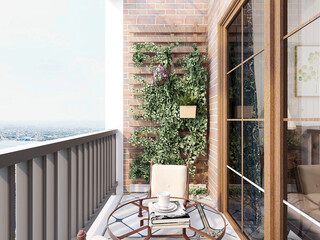 （3D rendering,The design of the outdoor balcony of the urban residence is equipped with flowers, leisure tables, chairs and other decorations.