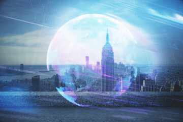 Double exposure of technology theme hologram and cityscape background. Concept of Hightech.